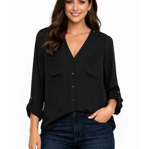 H&M black chiffon vneck blouse size 6